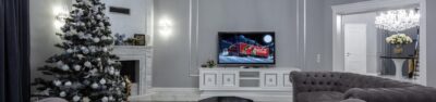 christmas advert on tv in a lounge