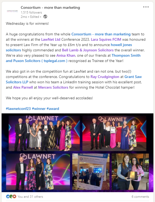A LinkedIn post from Consortium - more than marketing that's celebrating community award winners, which is an example of Humanising Content